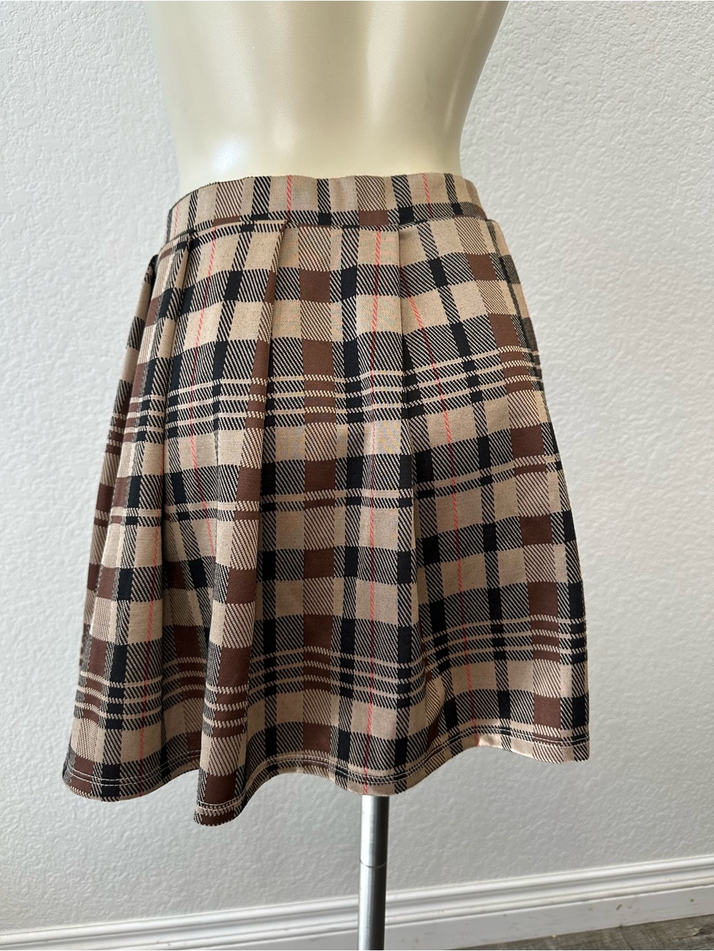 Just Polly Plaid Brown & Cream Pleated Skirt